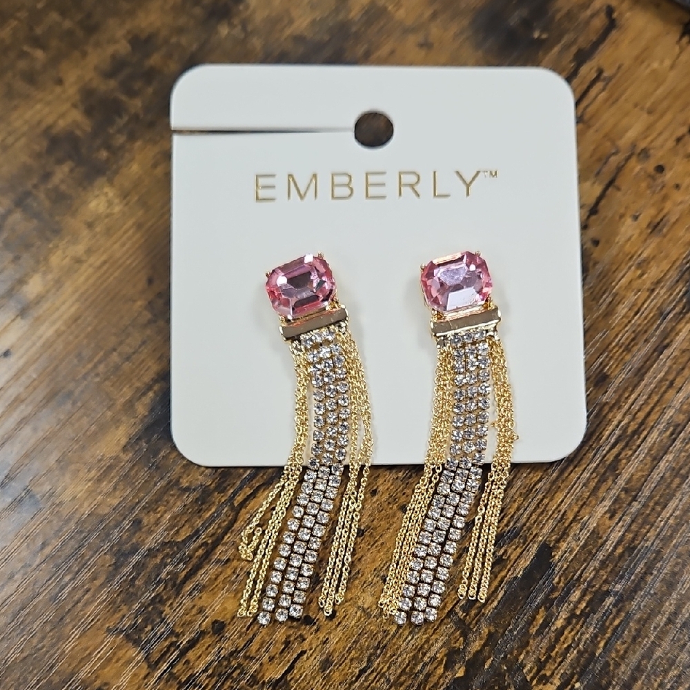 Emberly Pink Crystal & Gold Chain Tassel Drop Earrings